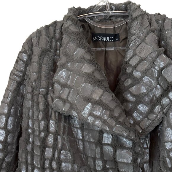 SaoPaulo Faux Fur Leather Shiny Animal Print Snap Coat Jacket Gray Size 42 US 10 - Picture 3 of 8